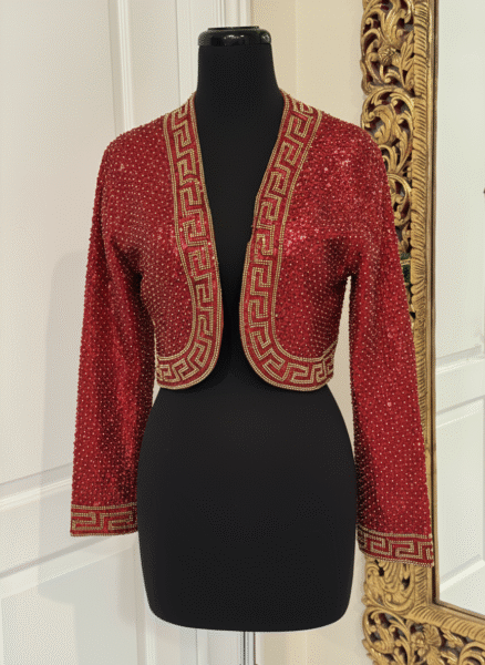 Hand beaded women’s red Greek key jacket