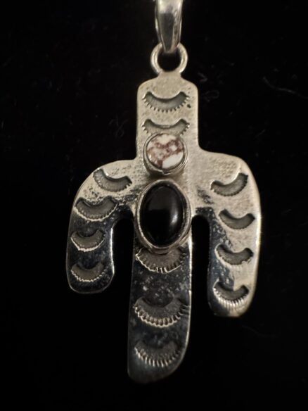 Sterling silver cactus pendant set with black Onyx and Whitehorse turquoise