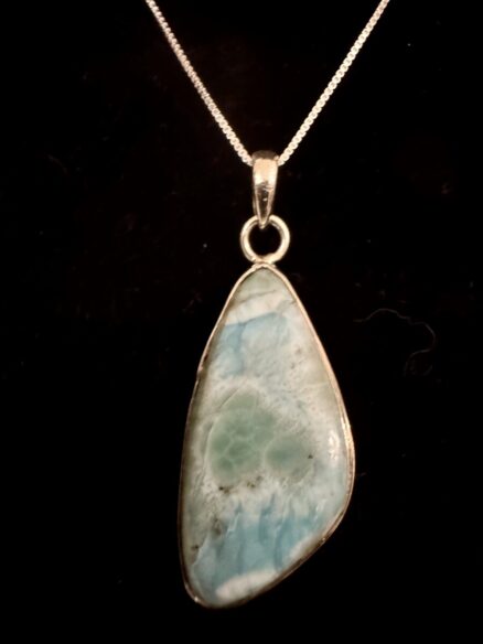 Stunning larimar pendant set sleek sterling silver setting chain included