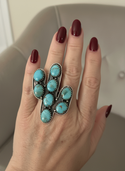 Beautiful, large sterling silver cactus ring set with turquoise