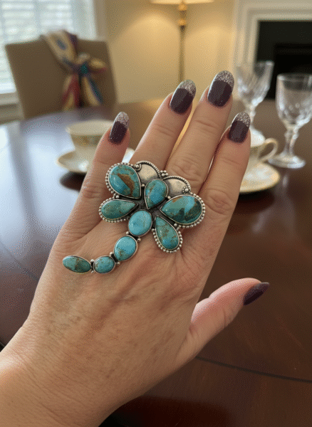 Stunning, large, genuine, turquoise, and sterling silver dragonfly ring