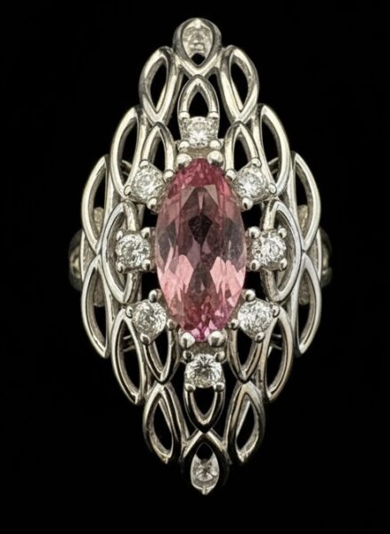 Marquise shaped pink topaz set in intricate sterling silver