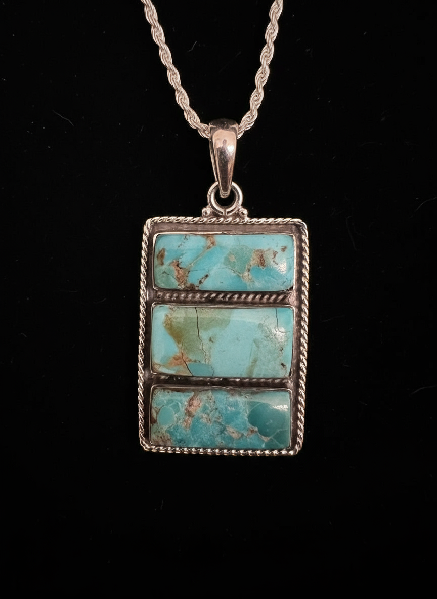 Beautiful, three stone, turquoise pendant, and sterling silver with a sterling space silver rope chain