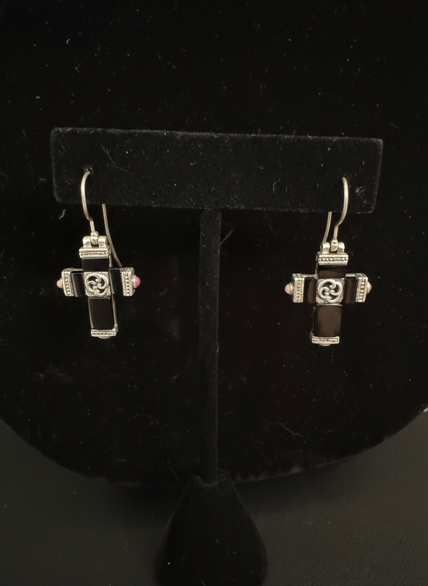 Beautiful black Onyx and sterling silver Cross earrings