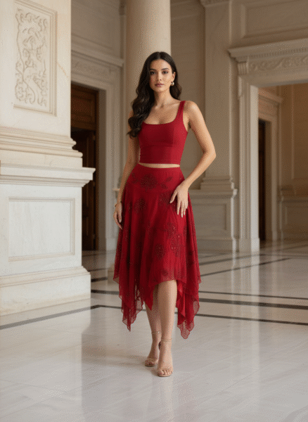 Red handkerchief skirt hand beaded