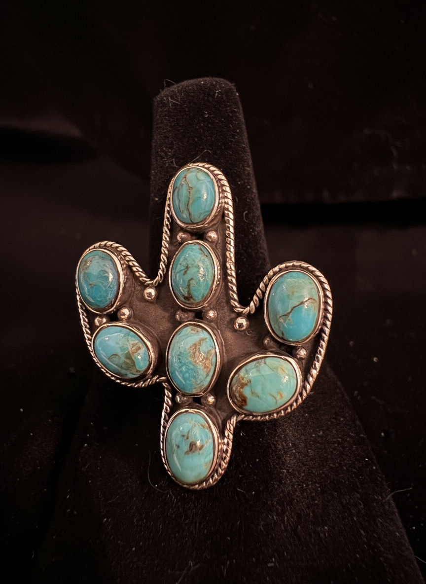 Turquoise cactus ring set in a sterling silver setting