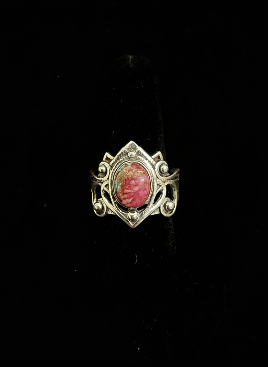 Adorable, petite, red Dahlia, and sterling silver ring