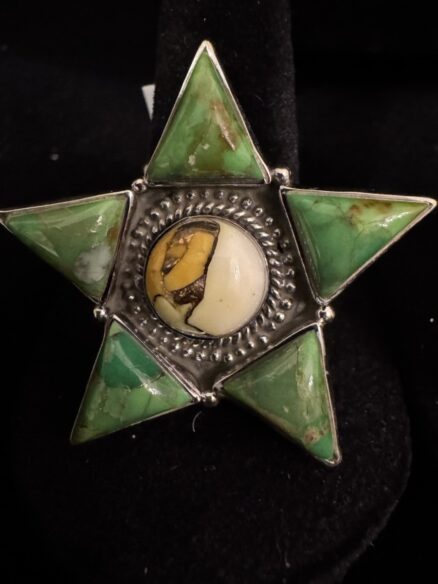 Green turquoise and honey Dahlia sterling silver star ring