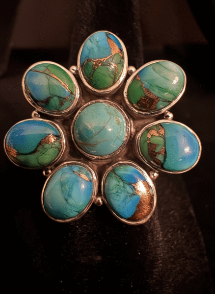 Beautiful genuine turquoise flower ring set in sterling silver