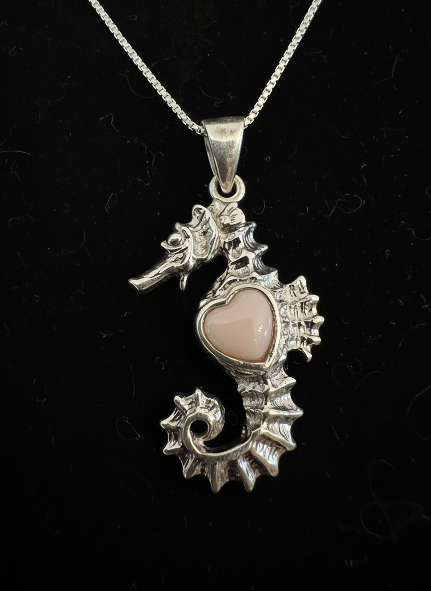 Adorable, dainty sterling silver seahorse with pink opal pendant