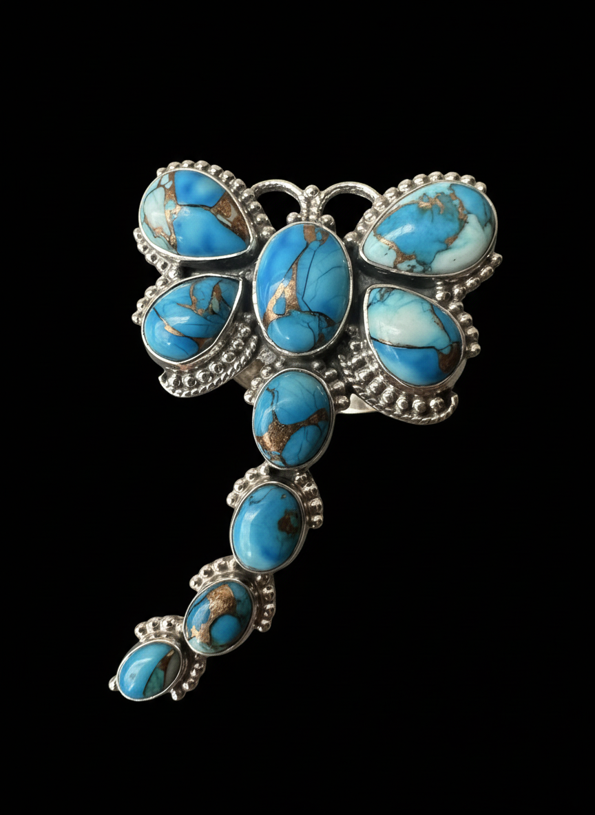Beautiful turquoise and sterling silver dragonfly statement ring
